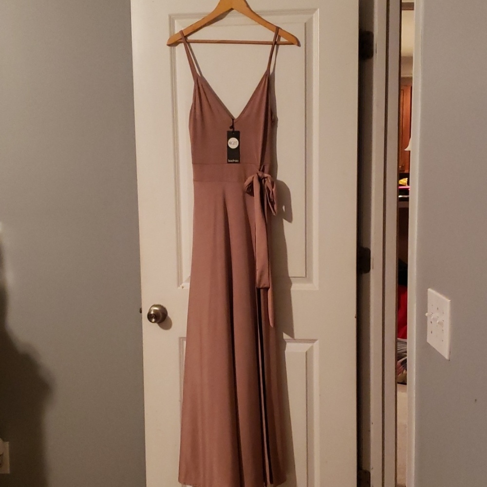 Mauve deep split self tie w/attached bodysuit maxi